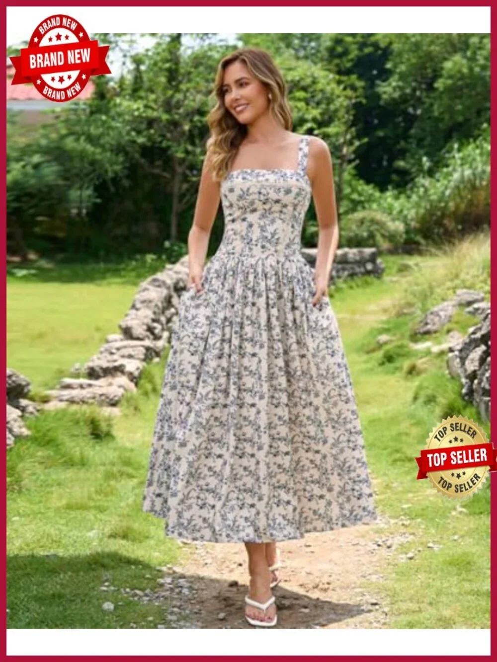 Flowy A-Line Corset Midi Dress with Pockets, Square Neck Lace Trim Sundress